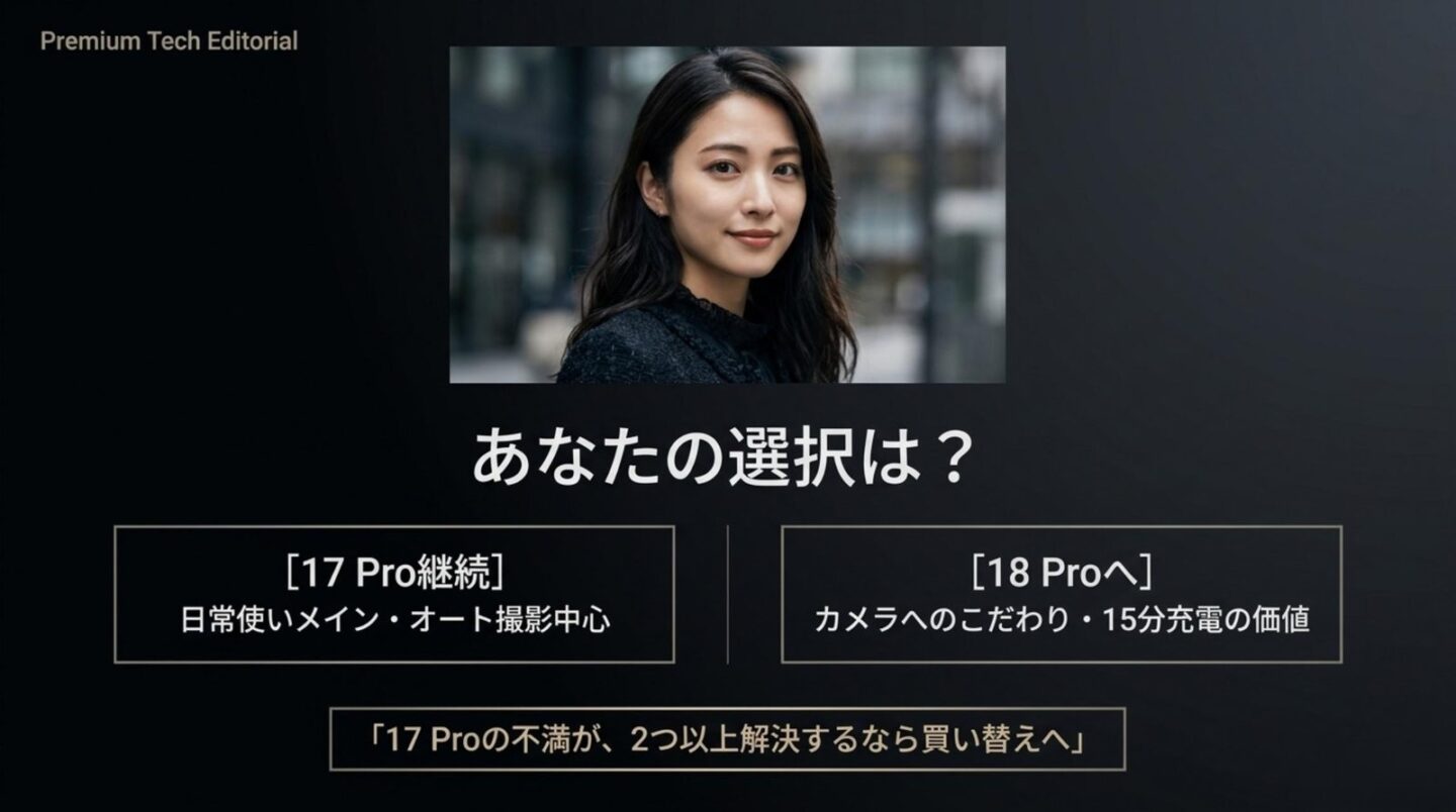 iPhone 18 Proへ買い替える判断基準 iPhone 17 Pro継続とiPhone 18 Proへの買い替えを使い方別に判断するスライド