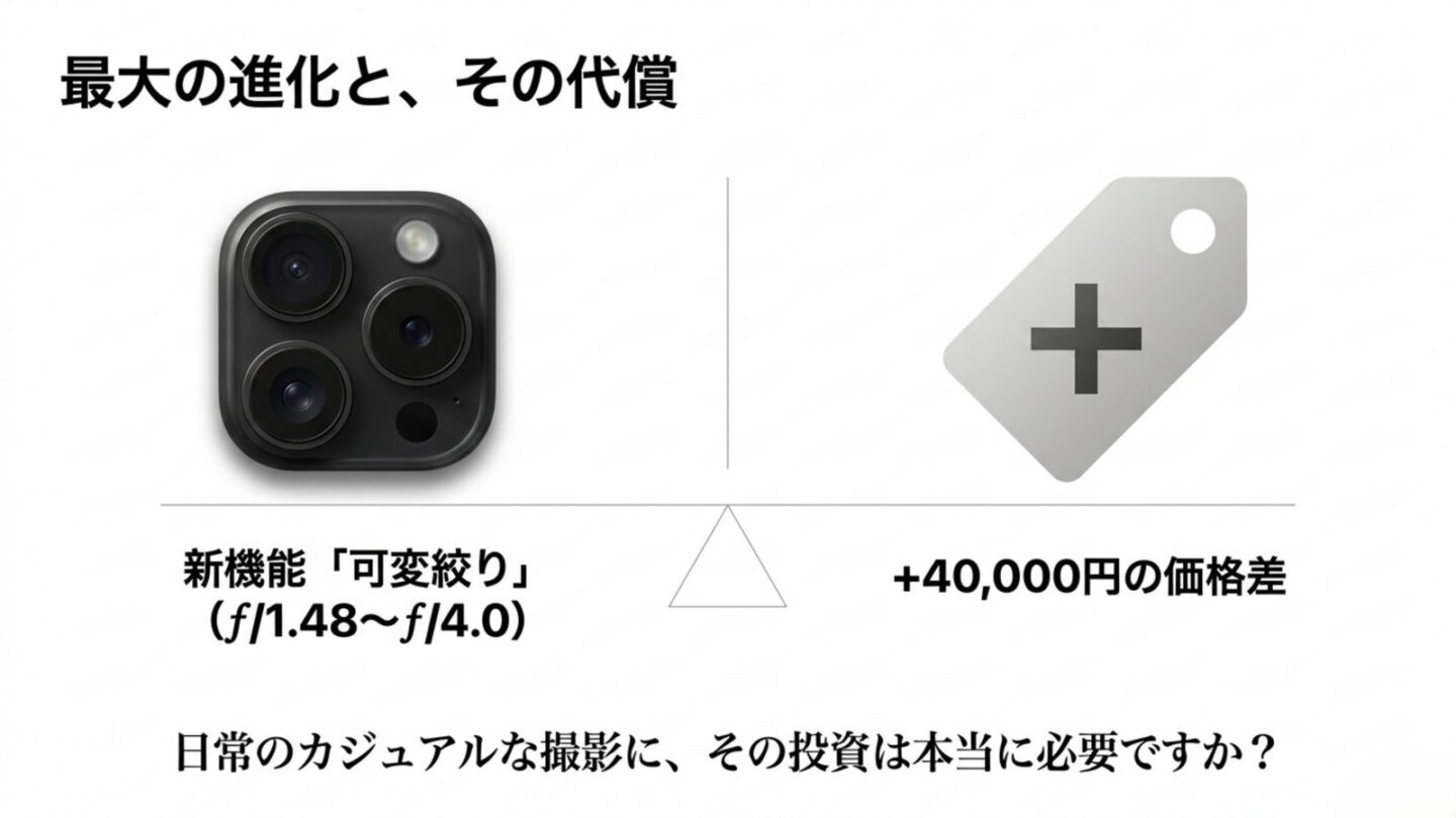 iPhone 18 Proの可変絞りカメラと17 Proから4万円高い価格差を比較した図