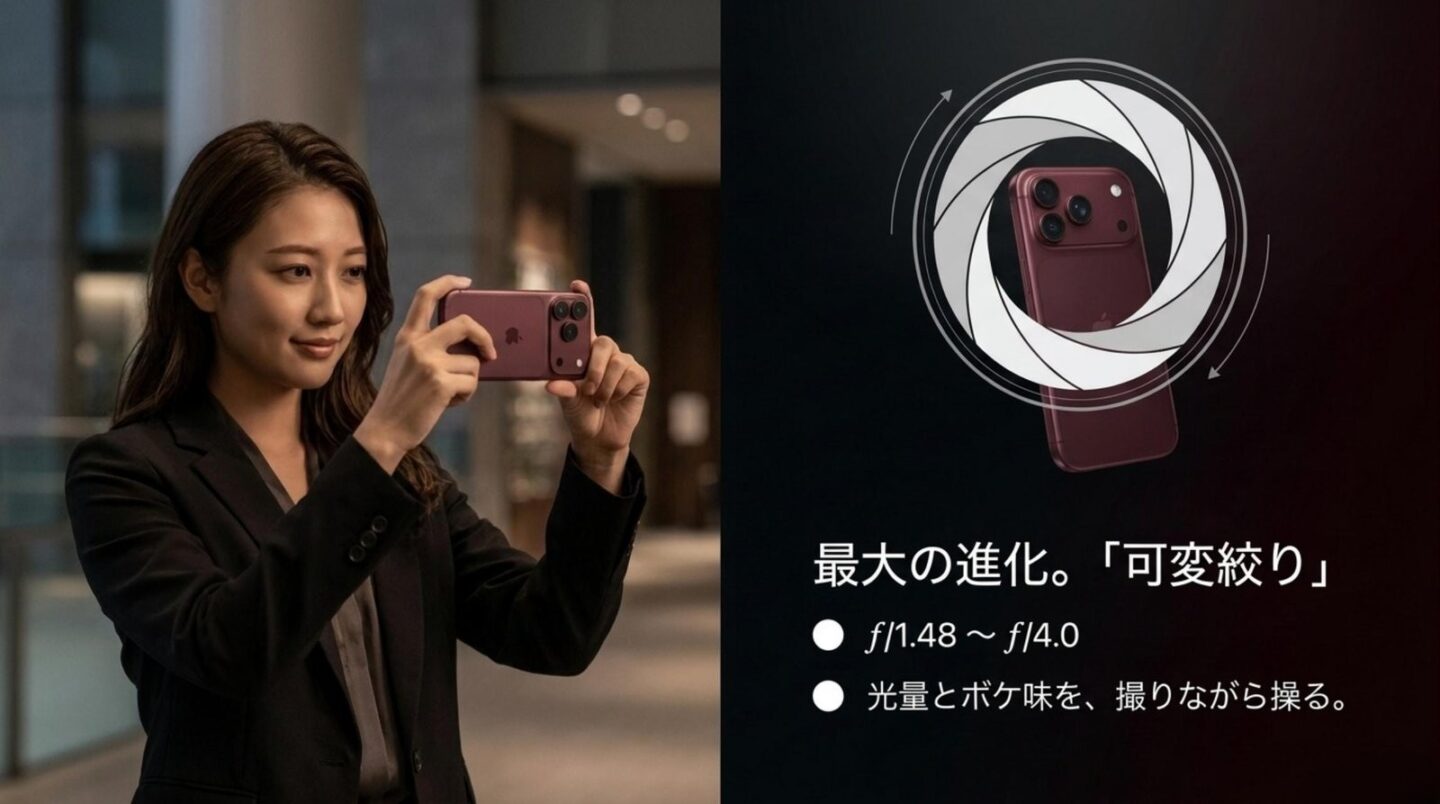 iPhone 18 Proの可変絞り iPhone 18 Proの可変絞りF1.48からF4.0と光量やボケの調整を解説するスライド