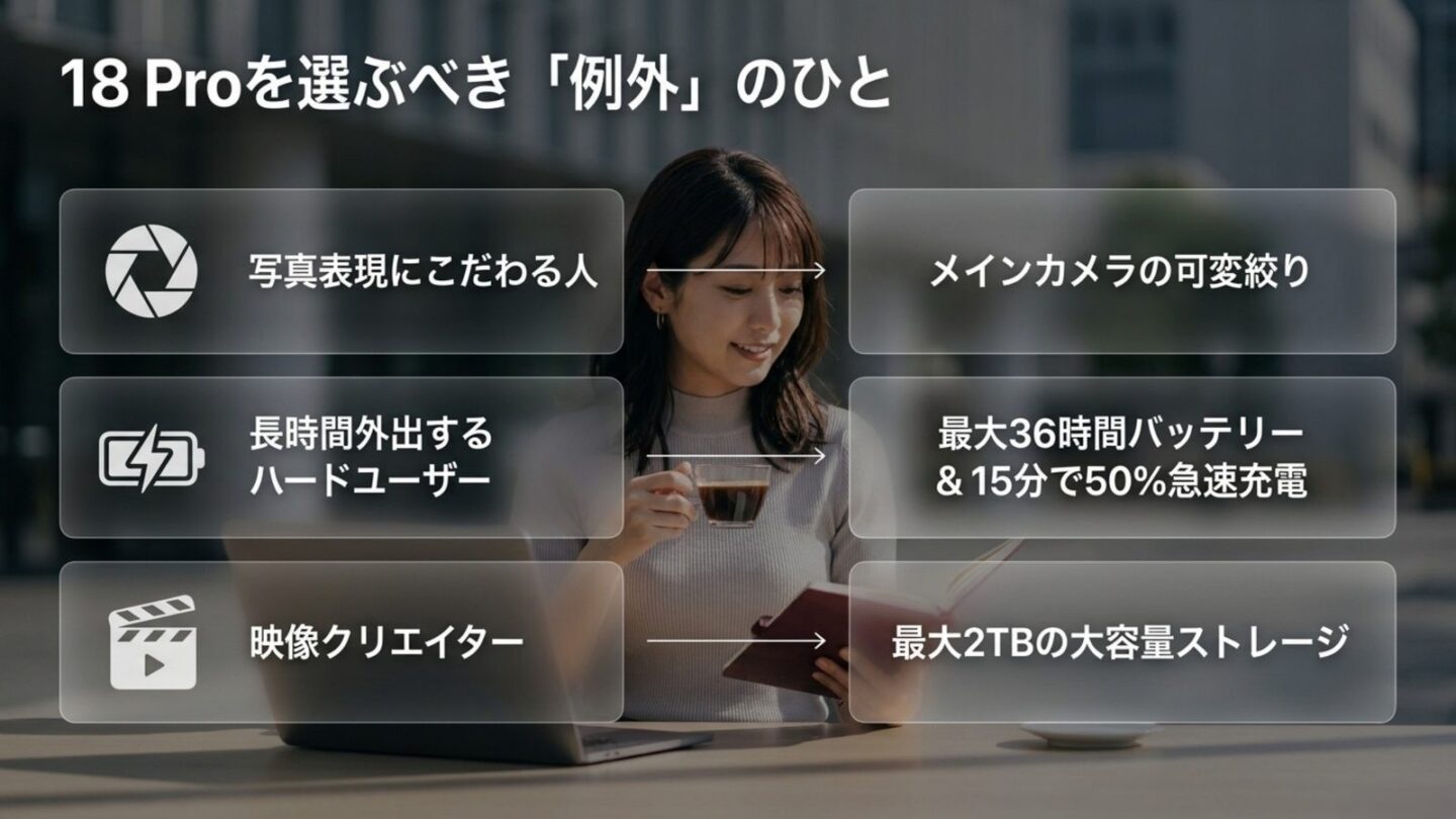 可変絞り、長時間バッテリー、2TBストレージを重視するiPhone 18 Pro向きの人を示した図