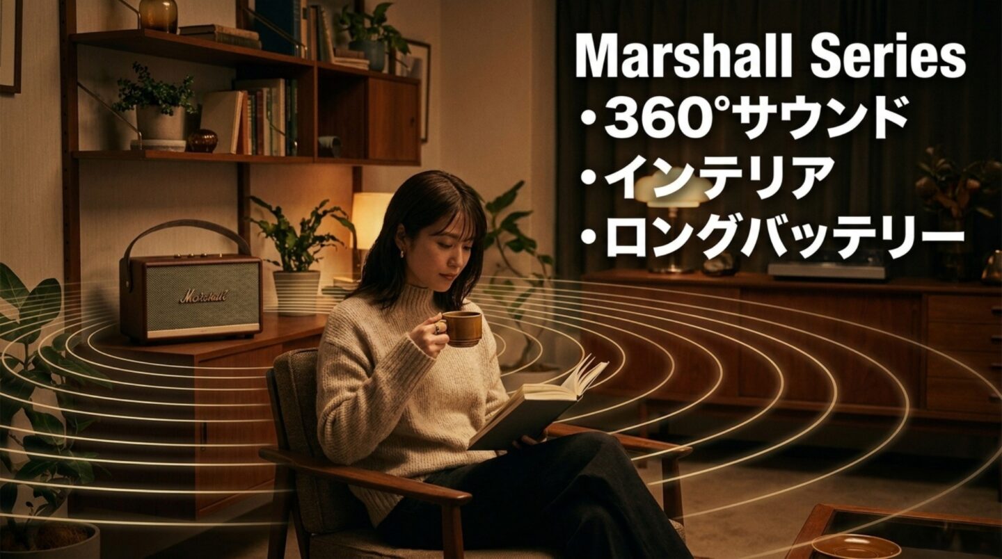 Marshallスピーカーシリーズの特徴 Marshallスピーカーの360度サウンド、インテリア性、長時間バッテリーを紹介するスライド