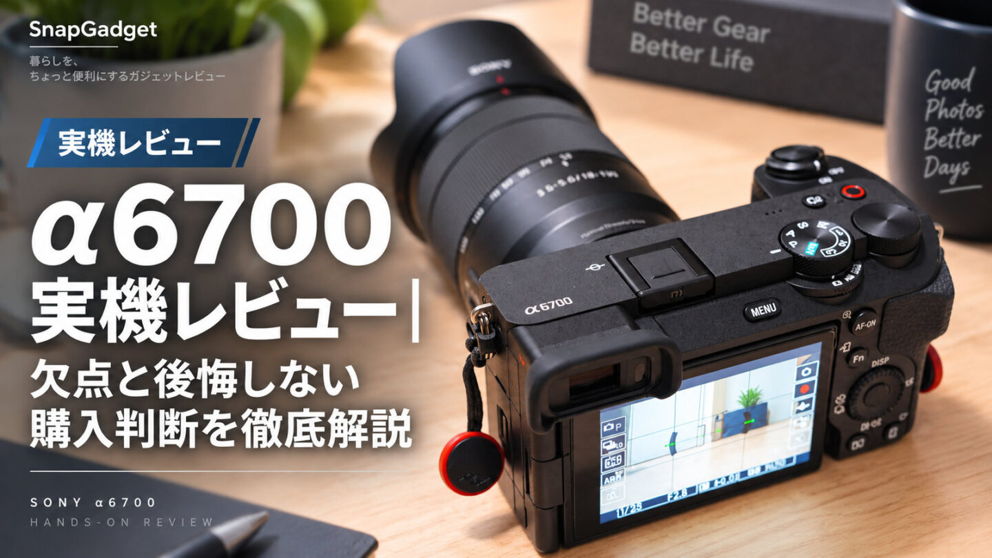 SONY α6700実機レビューのアイキャッチ画像。実機のα6700とズームレンズをデスク上に配置し、欠点と後悔しない購入判断を解説