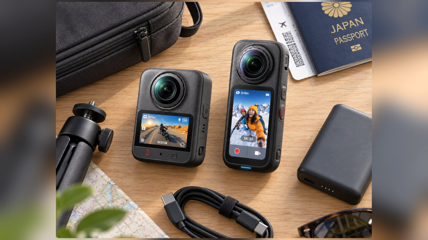 DJI Osmo 360 IIとInsta360 X6の周りに三脚、ケーブル、バッテリーなどを置いたイメージ