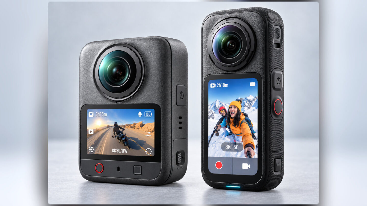DJI Osmo 360 IIとInsta360 X6のレンズと画面の配置を示すAI参考画像