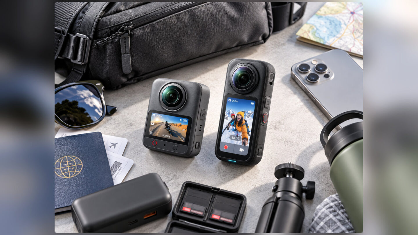 旅行バッグや自撮り棒、充電用品のそばに並ぶDJI Osmo 360 IIとInsta360 X6の参考画像