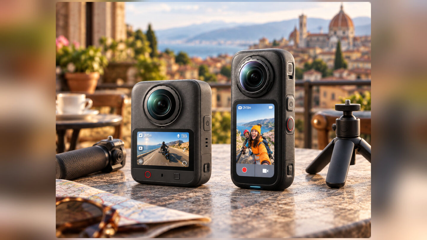 イタリアの街並みを背景にDJI Osmo 360 IIとInsta360 X6を並べた旅行撮影イメージ