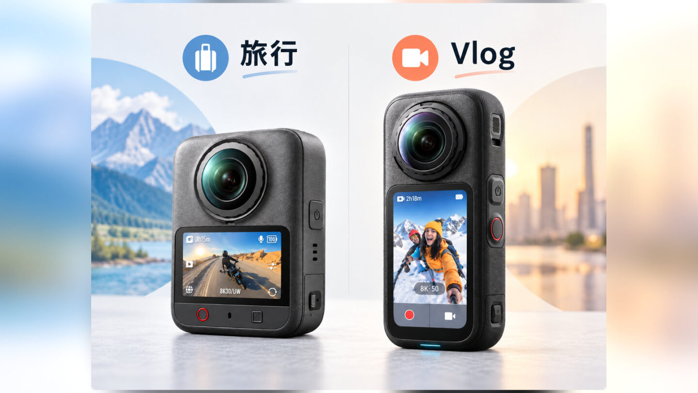 旅行向けDJI Osmo 360 IIとVlog向けInsta360 X6を左右に配置した比較イメージ