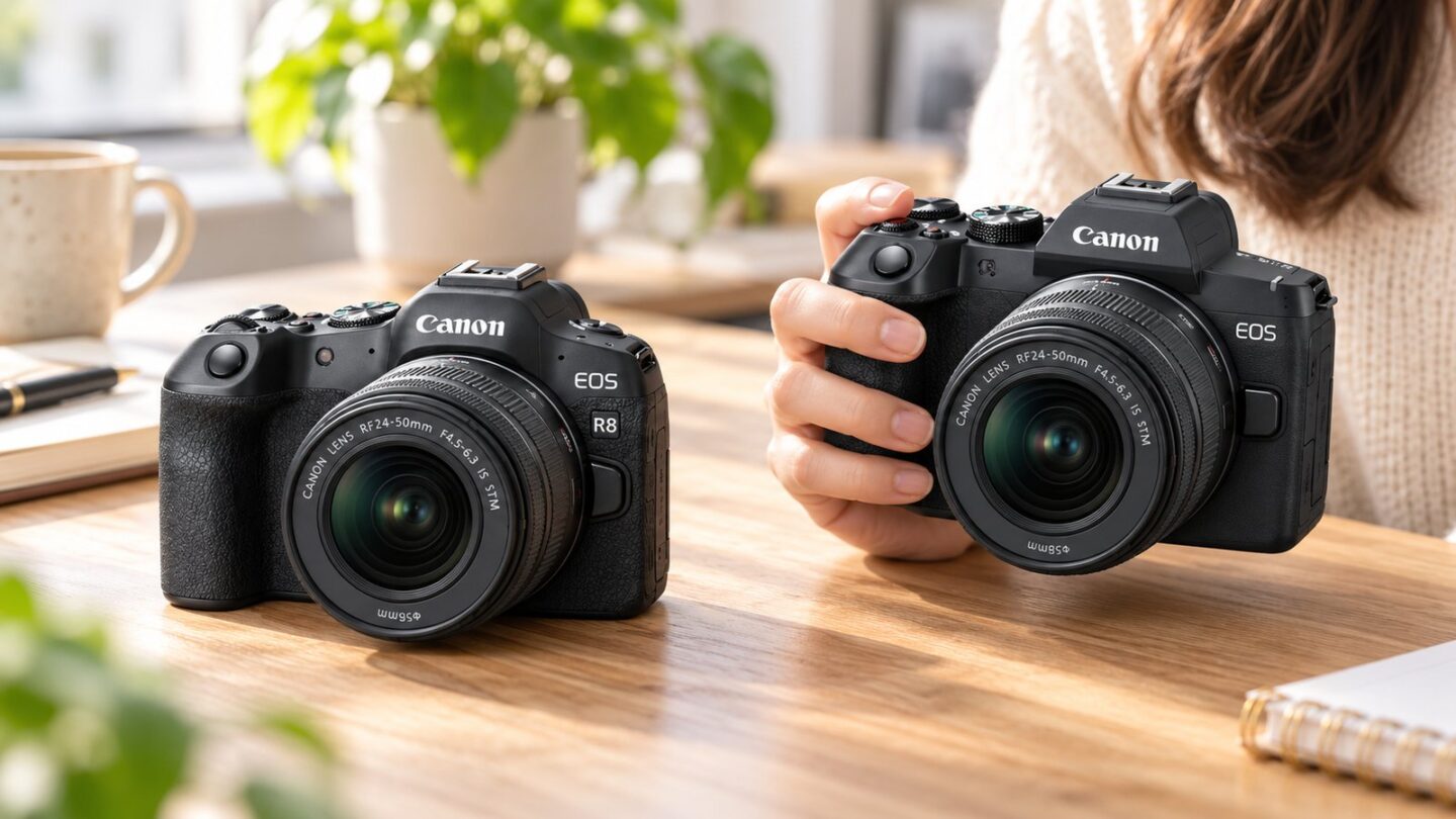 EOS R8をデスクに置きEOS R8 Mark IIを手に持って買い替えを比較するイメージ