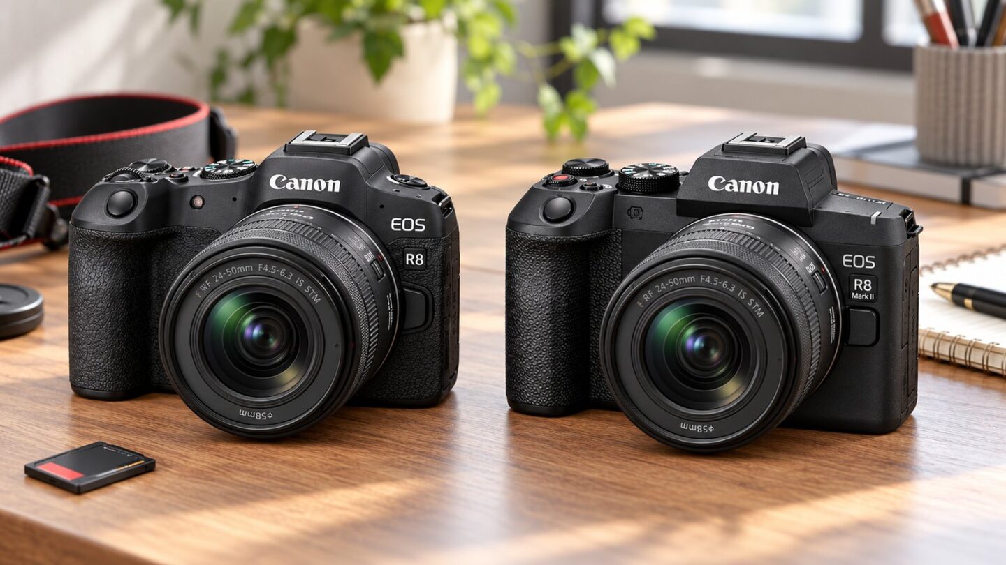 レンズを装着したEOS R8とEOS R8 Mark IIを明るい木目デスクに並べた比較イメージ