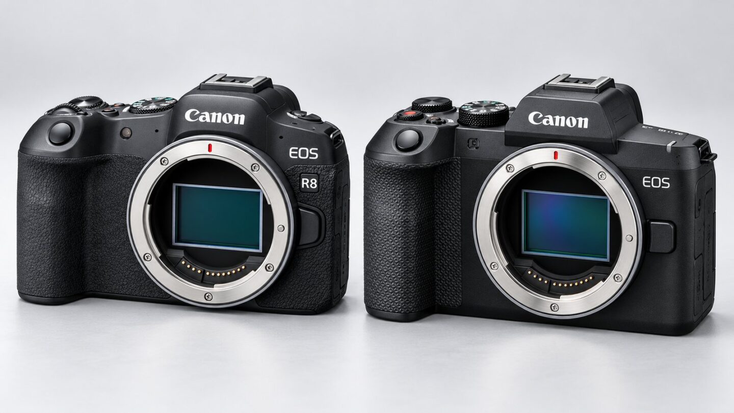 EOS R8 Mark IIとEOS R8のボディ正面デザインを並べて比較したイメージ