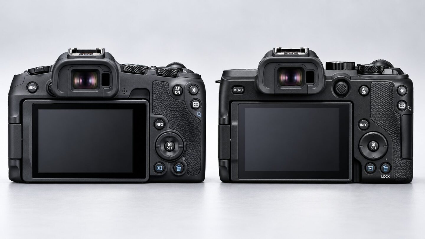 EOS R8 Mark IIとEOS R8の背面ボタンや操作部を並べて比較したイメージ