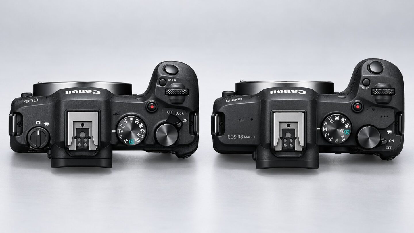 EOS R8 Mark IIとEOS R8のモードダイヤルや上面操作部を比較したイメージ