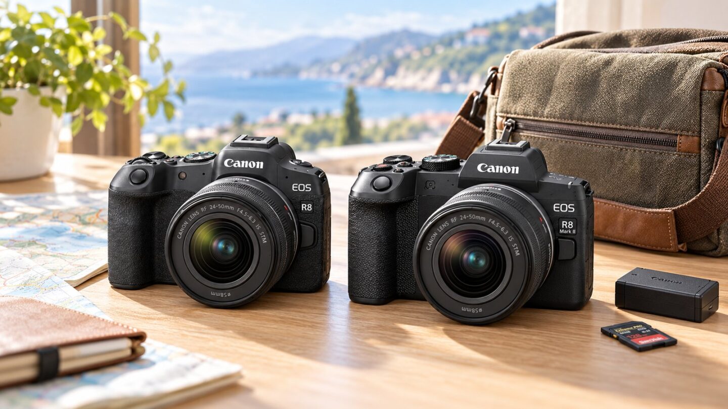 旅行バッグや地図とともにEOS R8とEOS R8 Mark IIを並べて携帯性を比較したイメージ