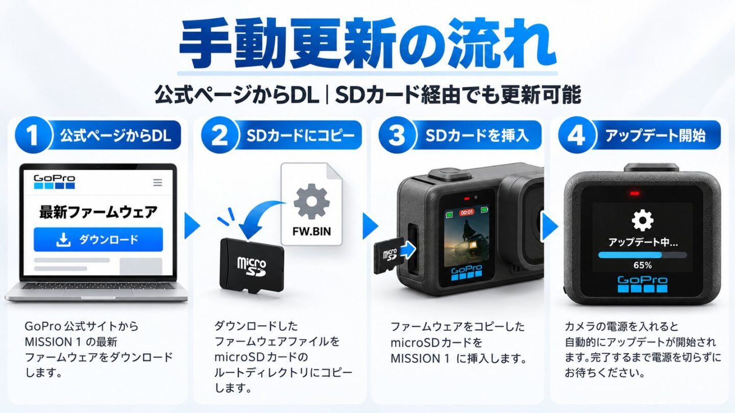 GoPro公式サイトからファームウェアをダウンロードしmicroSDカード経由でMISSION 1を更新する流れ