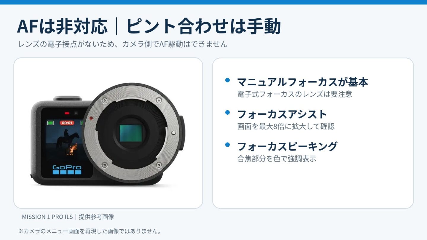 GoPro MISSION 1 PRO ILSの実際のマウント参考写真とAF非対応・ピント合わせ補助機能の図解