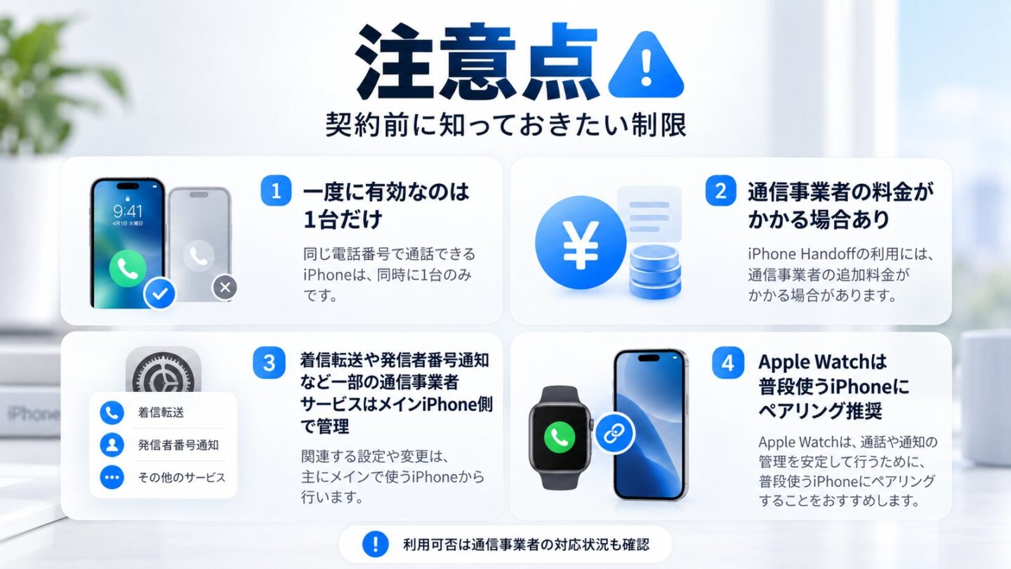 通信事業者の追加料金、Apple Watchのペアリング、一部キャリア機能などの注意点を示すイメージ