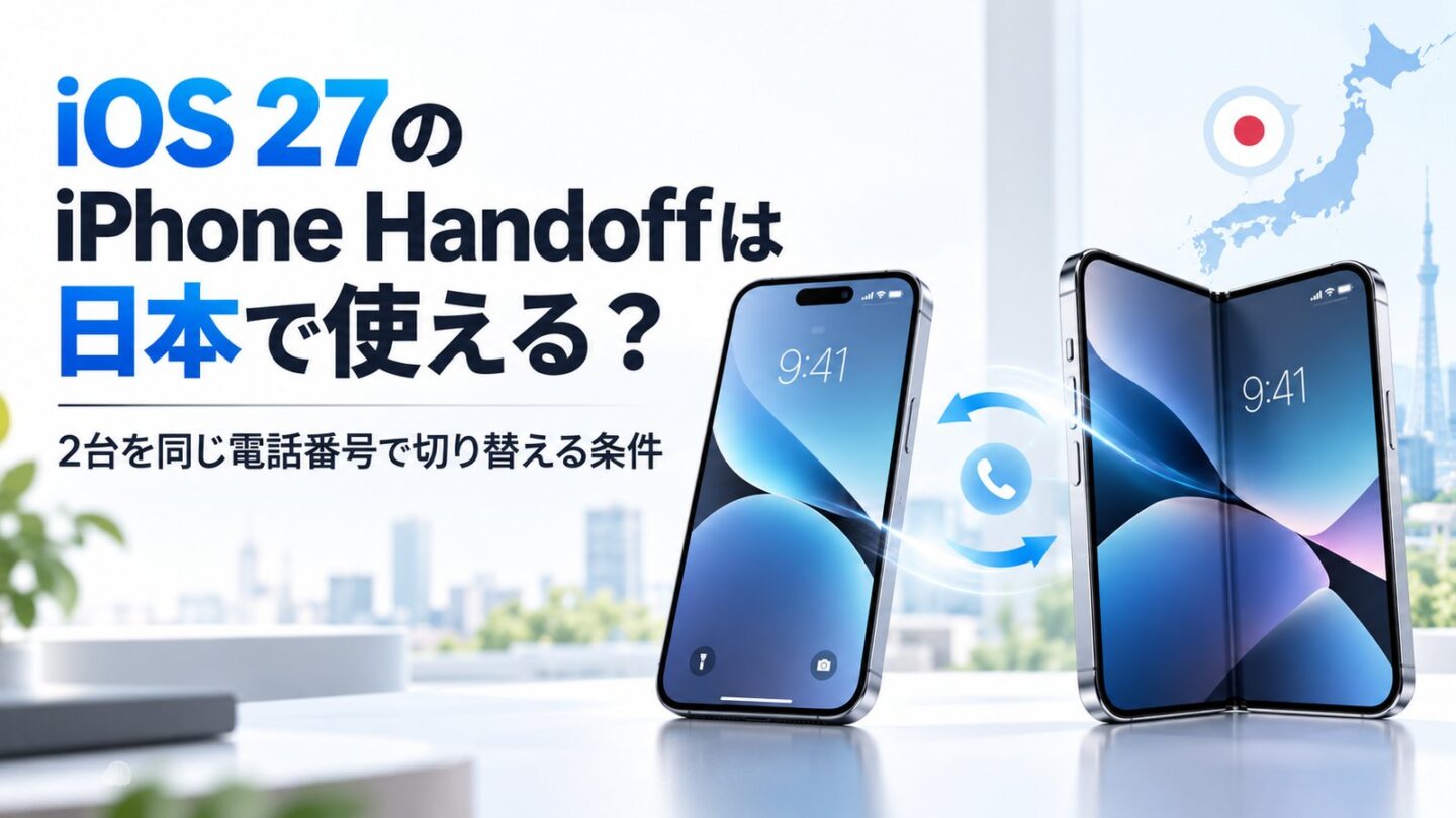 iPhone Handoffは対応する通信事業者で同じ電話番号を2台のiPhone間で切り替える機能。2026年10月時点、日本の通信事業者による対応は公式確認できていません。画像は説明イメージです。
