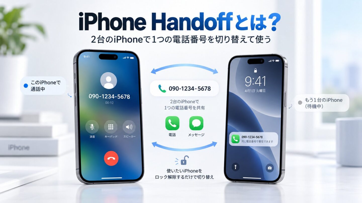 2台のiPhoneで同じ電話番号を交互に使うiPhone Handoffの概念図
