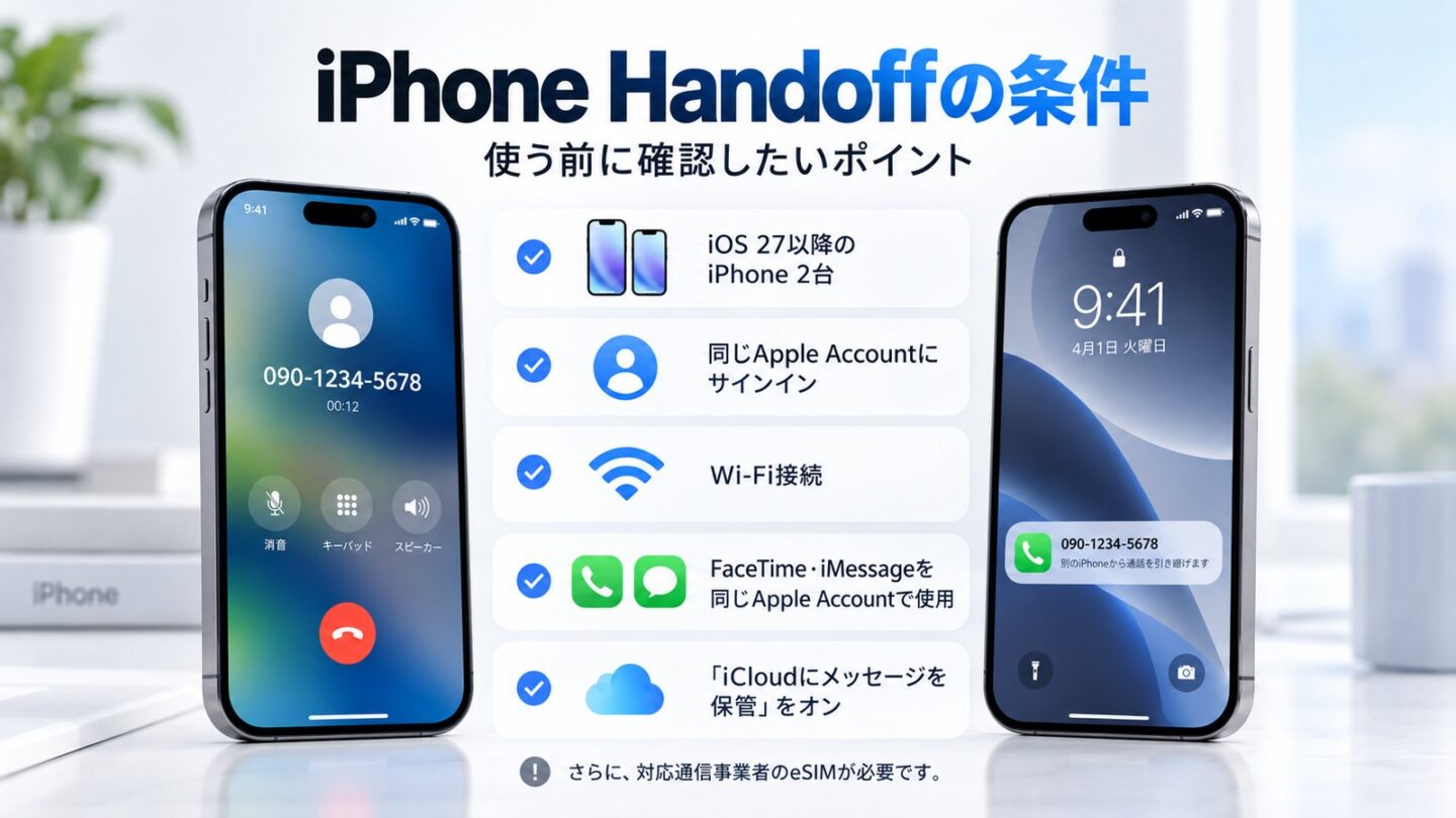 iOS 27、同じApple Account、Wi-Fi、iCloudメッセージ同期、対応eSIMなど必要条件を示す概念図