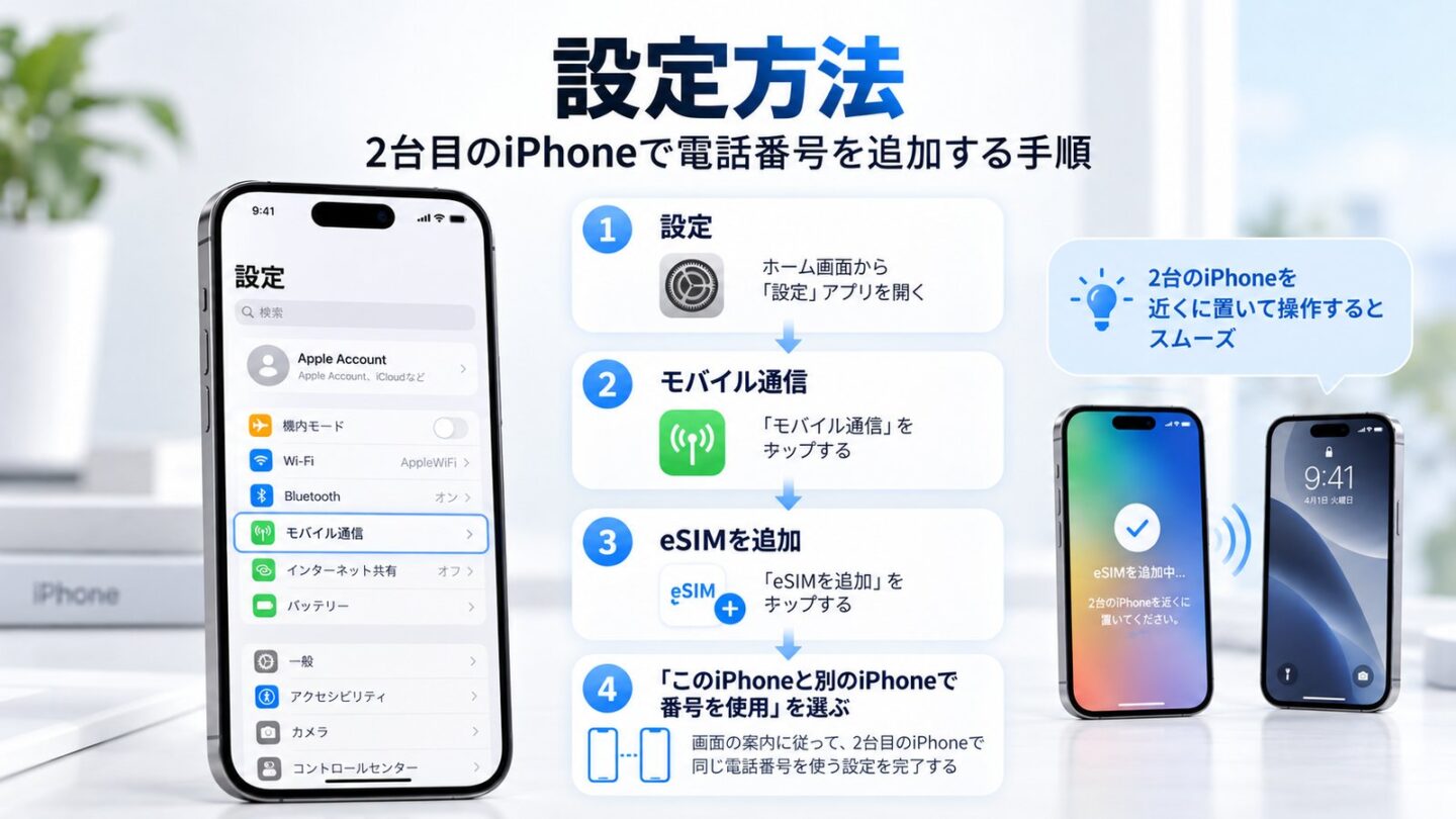 iOS 27で設定からモバイル通信とeSIMを確認する手順の概念図