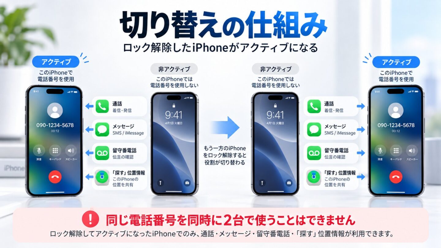 2台のiPhoneのうちロック解除した片方が有効になり電話番号を切り替える動作の図