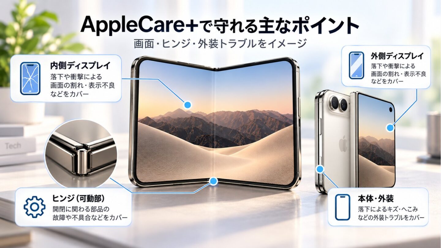 折りたたみiPhone Duoの内側画面とヒンジを示す修理リスクのイメージ