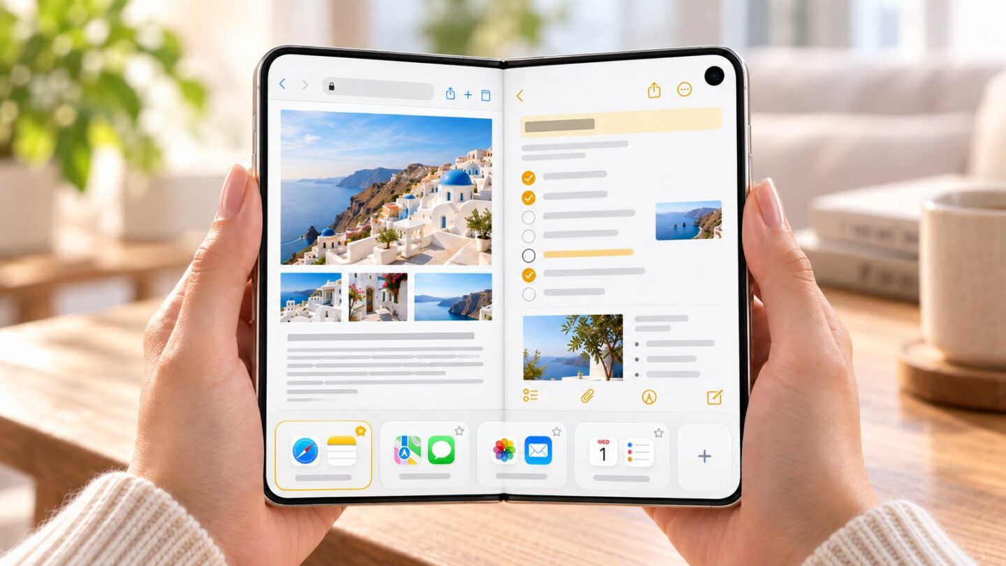 iPhone Duoを閉じた通常表示と開いて2画面マルチタスクを使う状態を比較した説明イメージ