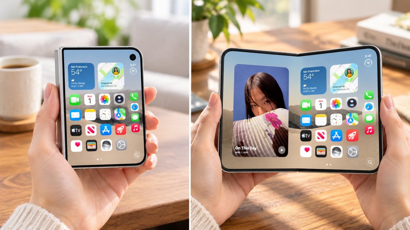 iPhone Duoの閉じた状態を左、開いた状態を右に並べて女性の手で持った比較イメージ