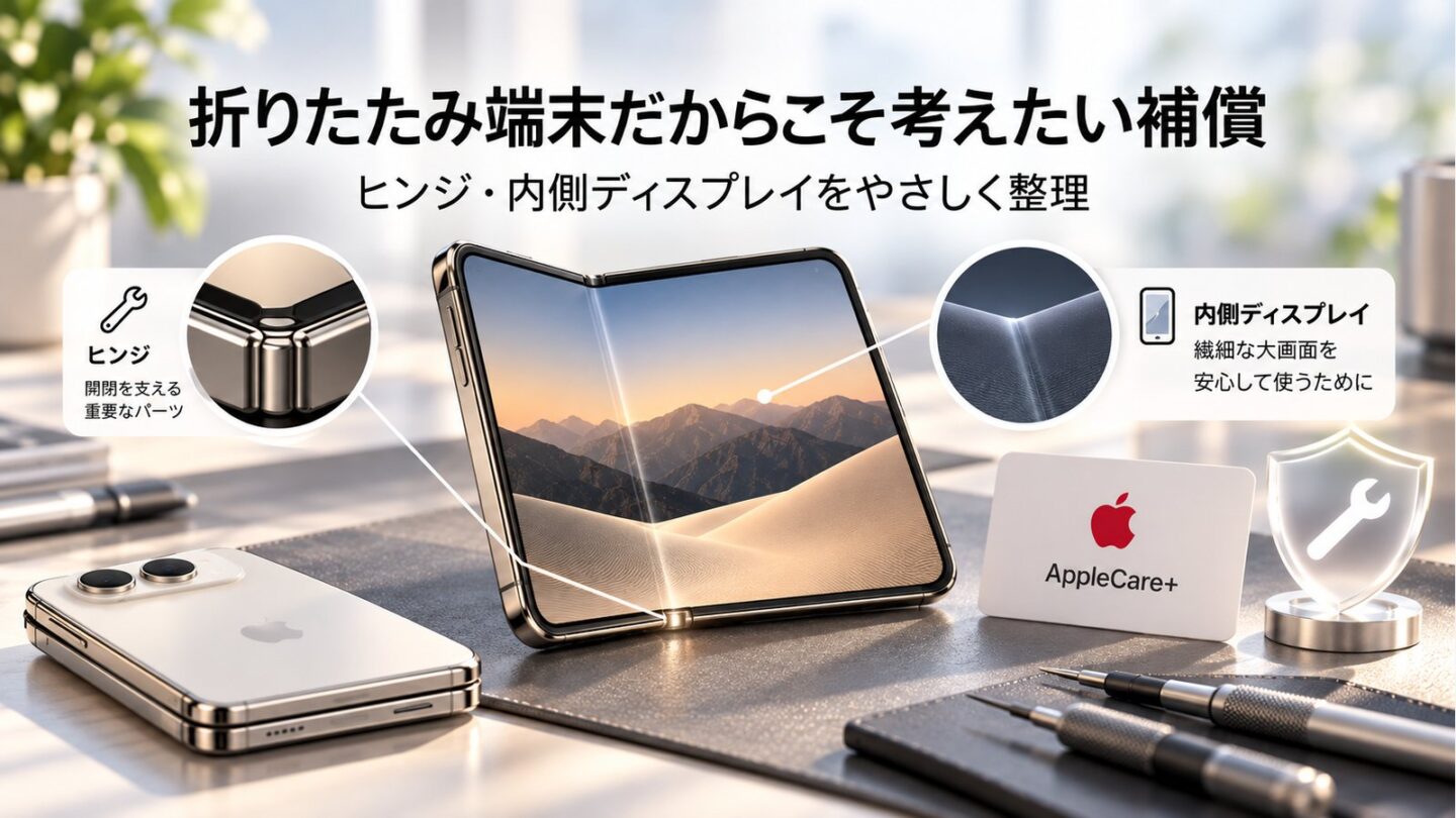 開いたiPhone Duoの内側ディスプレイと折りたたみ部分を説明するイメージ