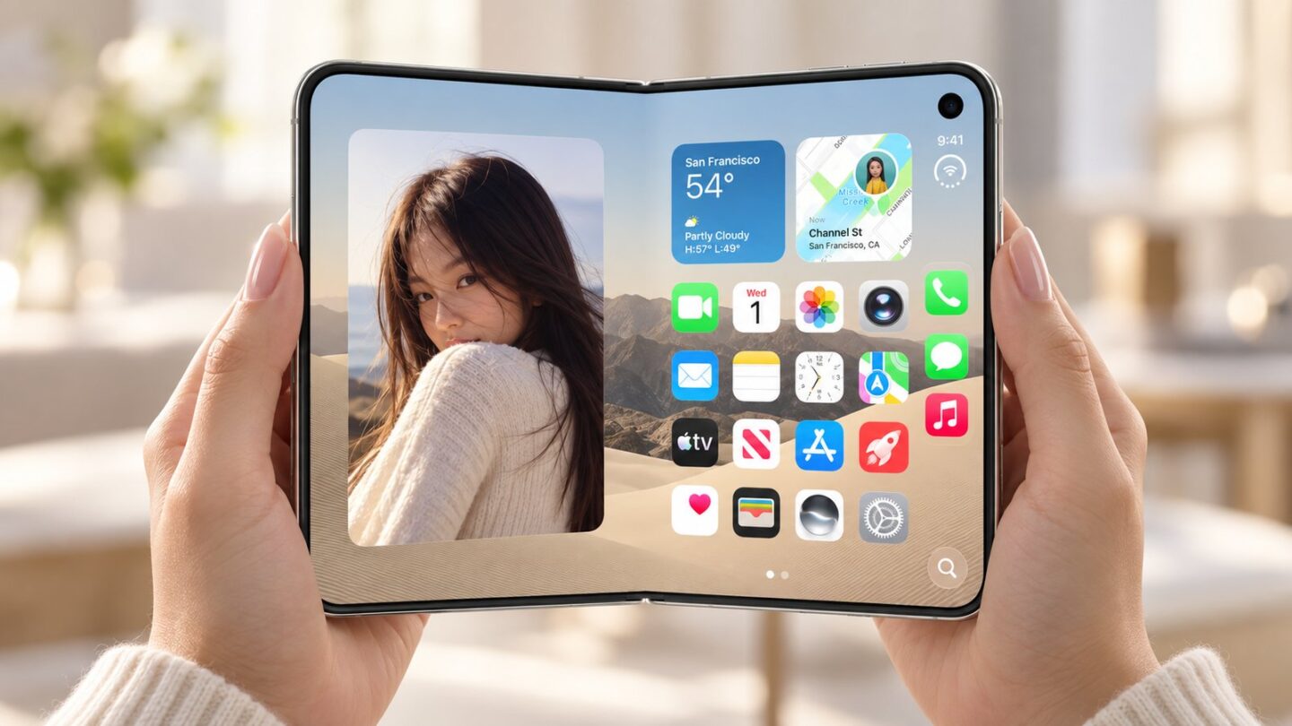 iPhone Duoを女性の両手で開き大画面ディスプレイを表示したイメージ