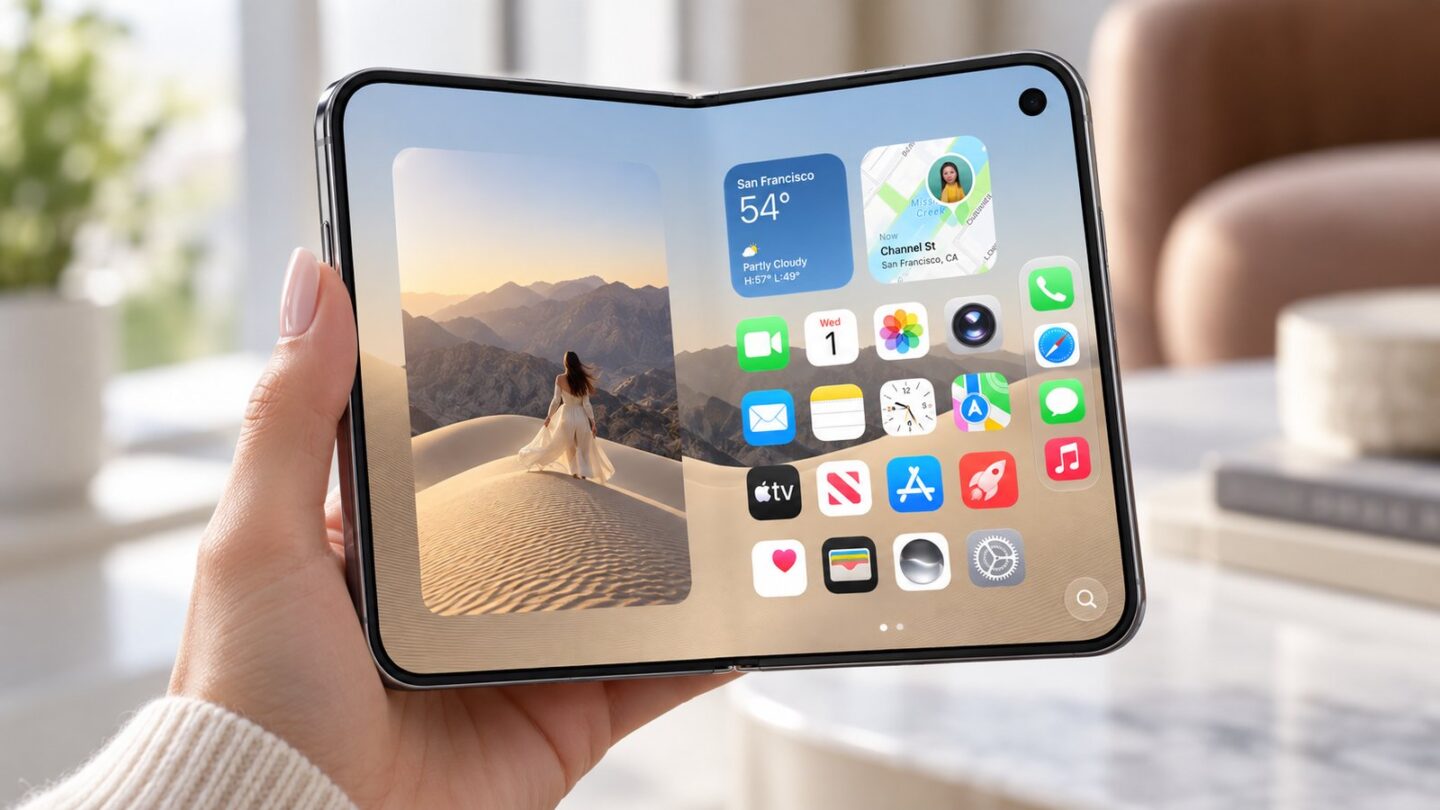 女性の手でiPhone Duoを開いた状態で持ち大画面ホーム画面を表示したイメージ