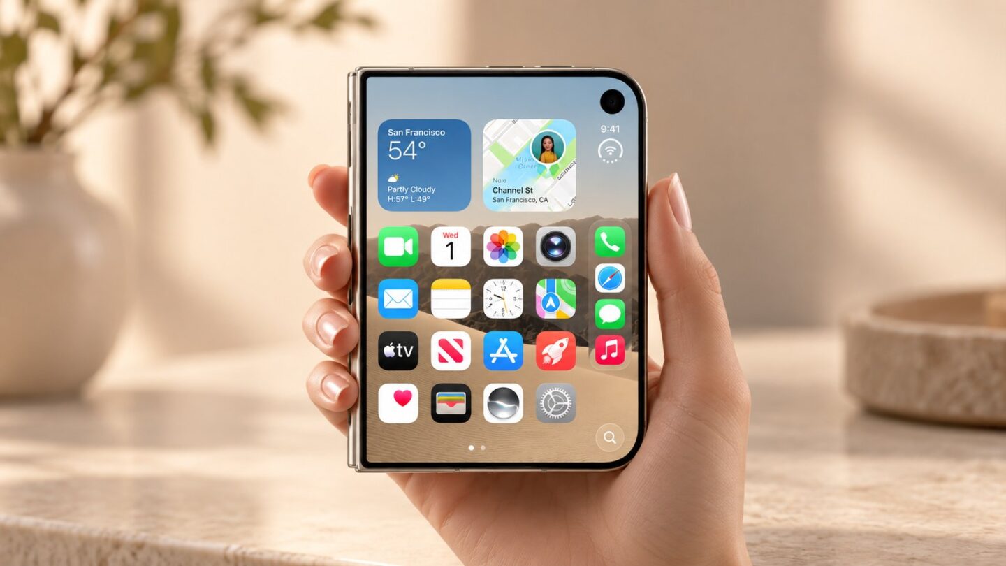 iPhone Duoを閉じた状態で女性の手に持ち外側ディスプレイを表示したイメージ