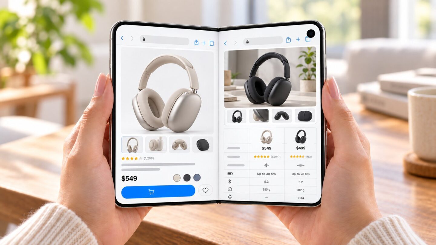 iPhone DuoのSplit Viewで2つの商品ページを横並びにして比較ショッピングする説明イメージ