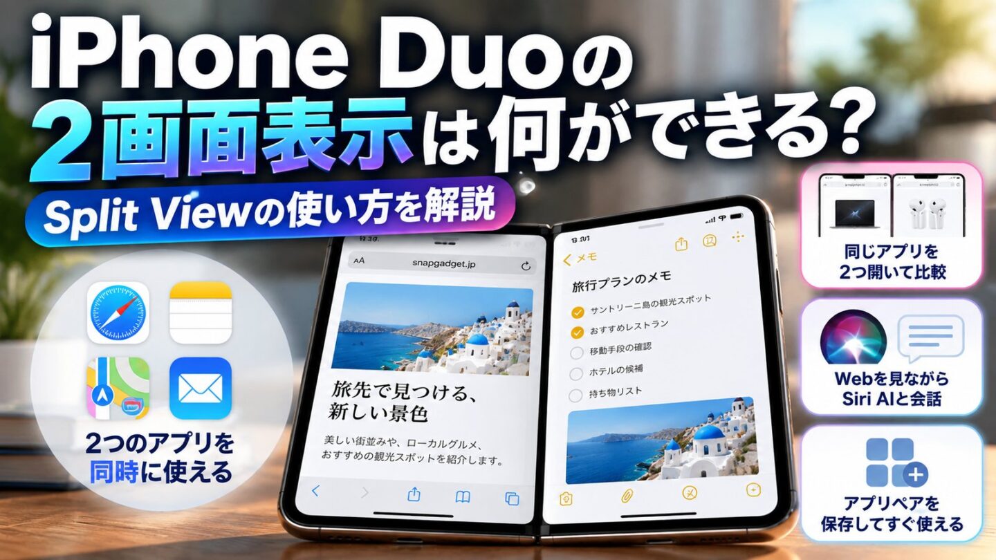 iPhone DuoのSplit Viewで2つのアプリを同時表示する方法や、同じアプリの2画面表示、Siri AI、アプリペア保存を解説する記事用アイキャッチです。