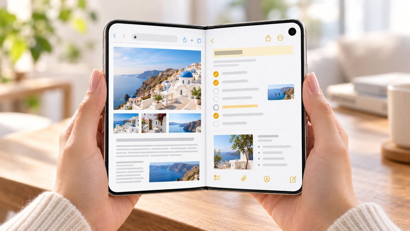 iPhone Duoの内側画面でSafariとメモを左右に並べたSplit Viewの説明イメージ