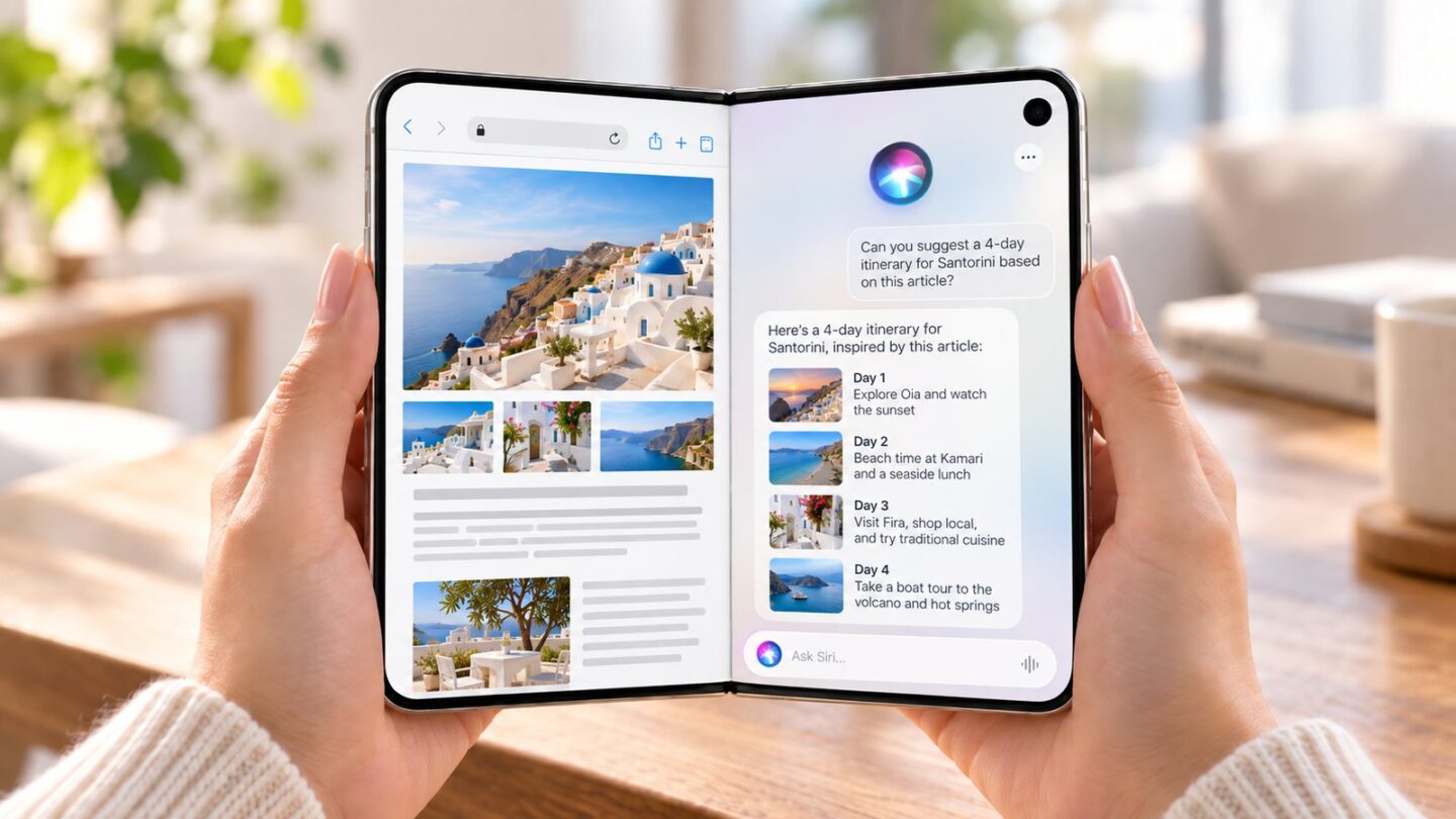iPhone DuoでSafariの記事を見ながら反対側でSiri AIに質問するSplit Viewの説明イメージ