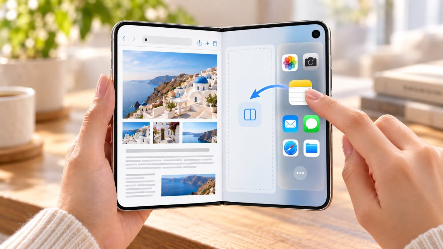 iPhone Duoで1つ目のアプリを片側に寄せ、2つ目のアプリを選んでSplit Viewを開始する説明イメージ