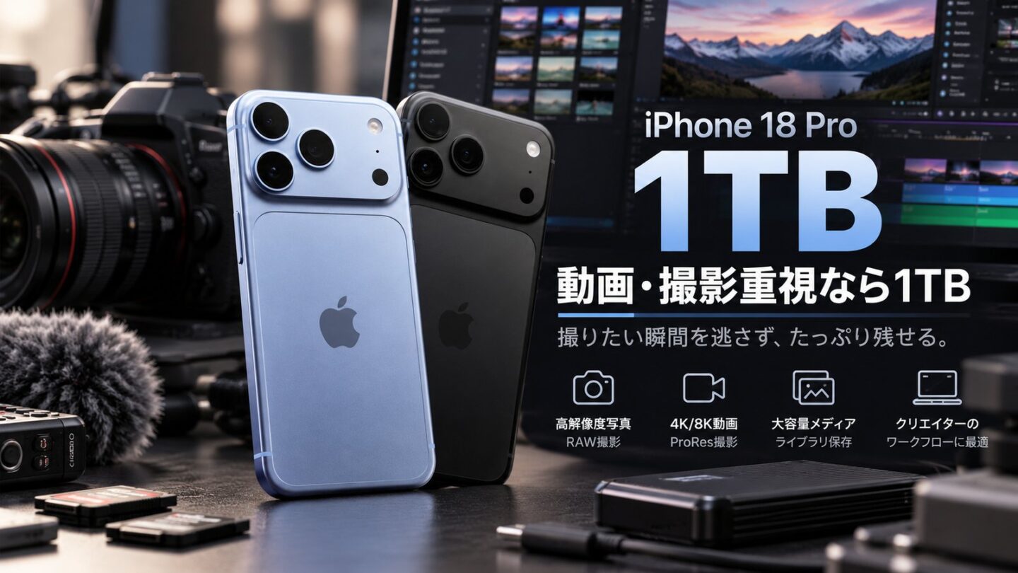 iPhone 18 Proの1TBが動画撮影や写真保存を重視する人向けであることを示す画像