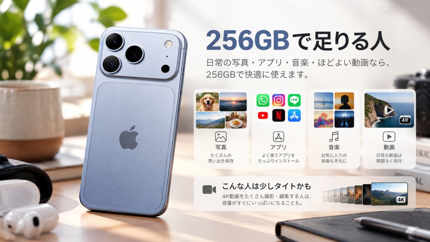iPhone 18 Pro 256GBで足りる人の写真・アプリ・音楽・動画の使い方を示す画像