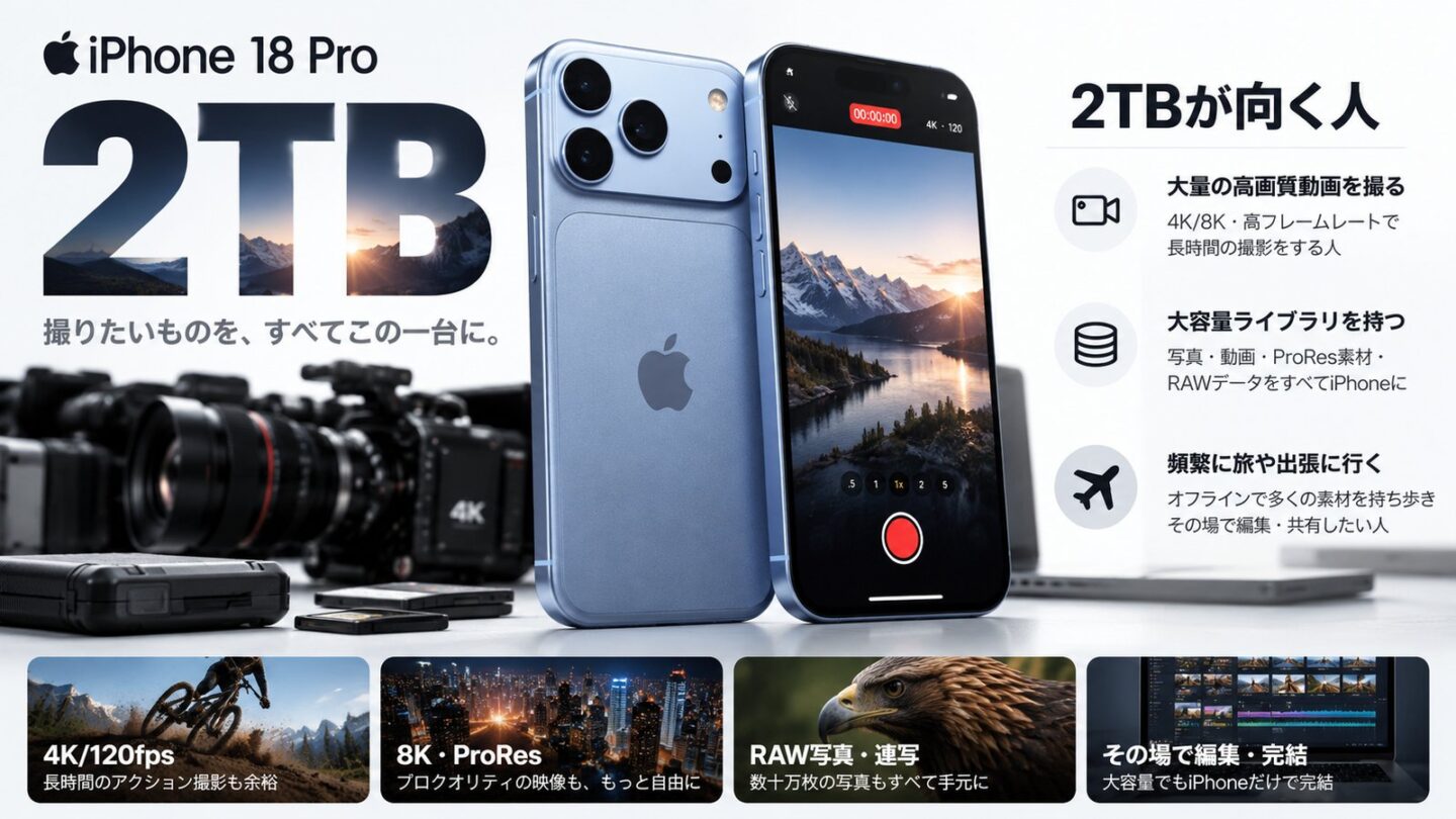 iPhone 18 Proの2TBが映像制作や大容量データ保存を行うヘビーユーザー向けであることを示す画像