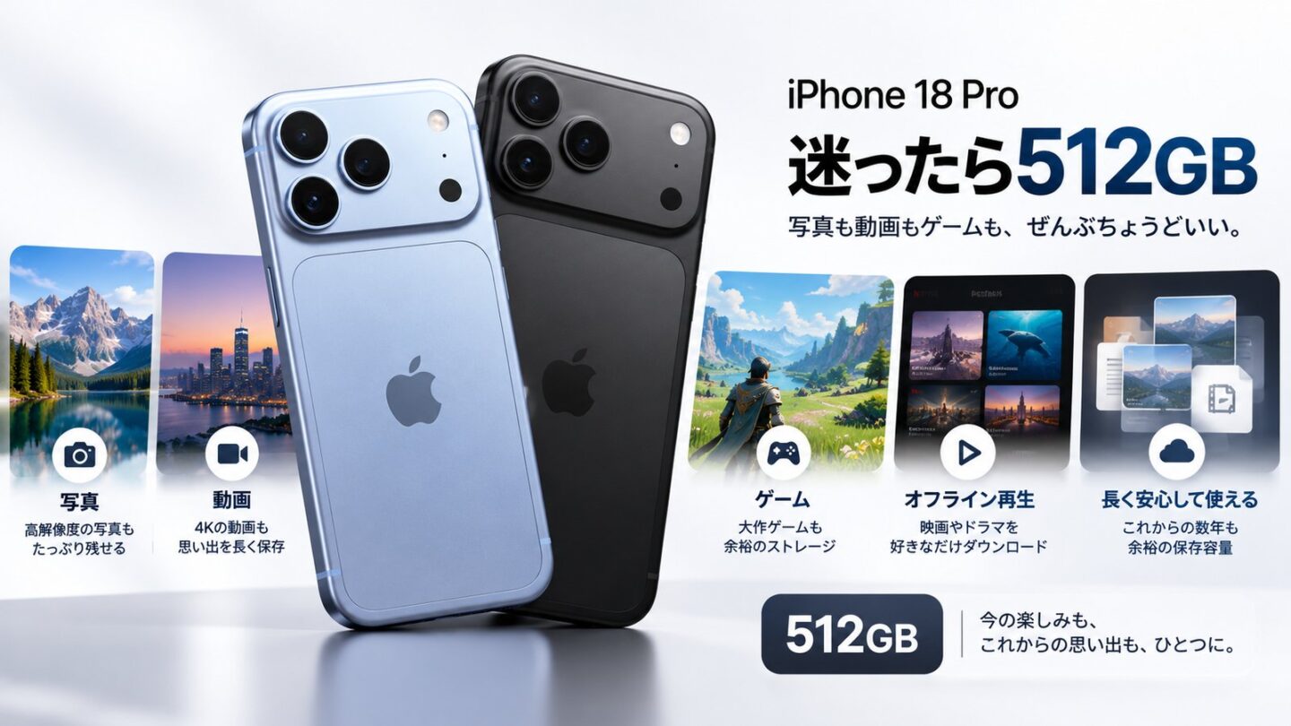 iPhone 18 Proの512GBが写真・動画・ゲームをバランスよく使う人に向くことを示す画像