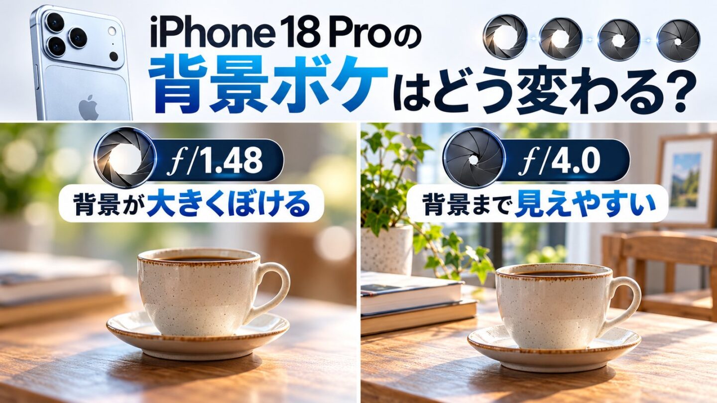 iPhone 18 Proの可変絞りでf1.48とf4.0の背景ボケの違いを示すイメージ
