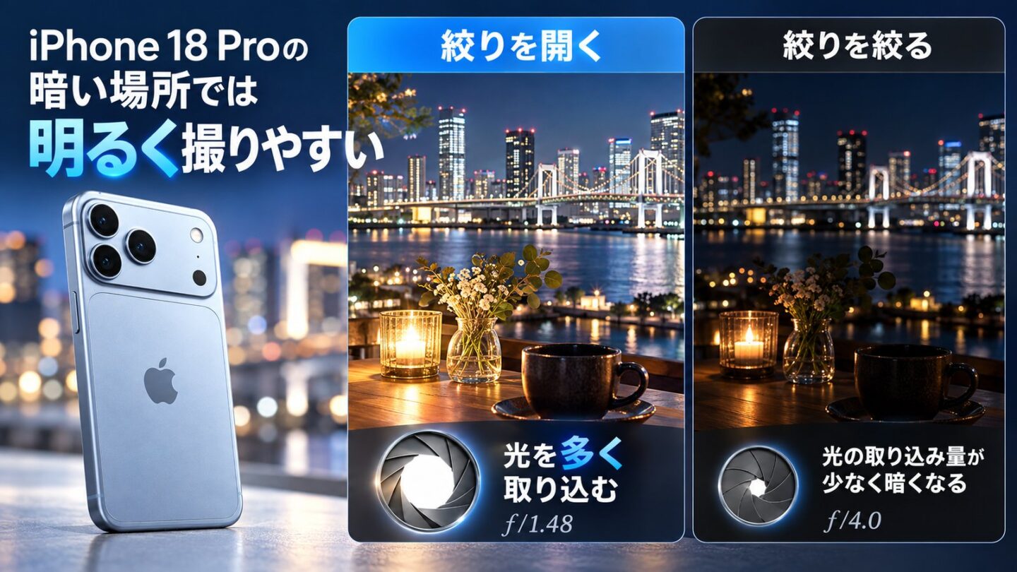 iPhone 18 Proの可変絞りで暗い場所の光の取り込み方が変わることを示す比較イメージ