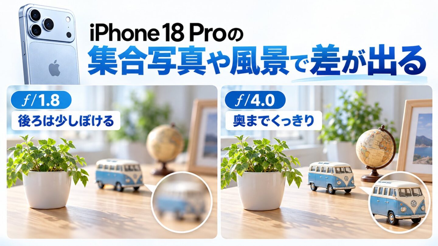 iPhone 18 Proのf1.8とf4.0で背景の見え方が変わる様子を比較したイメージ