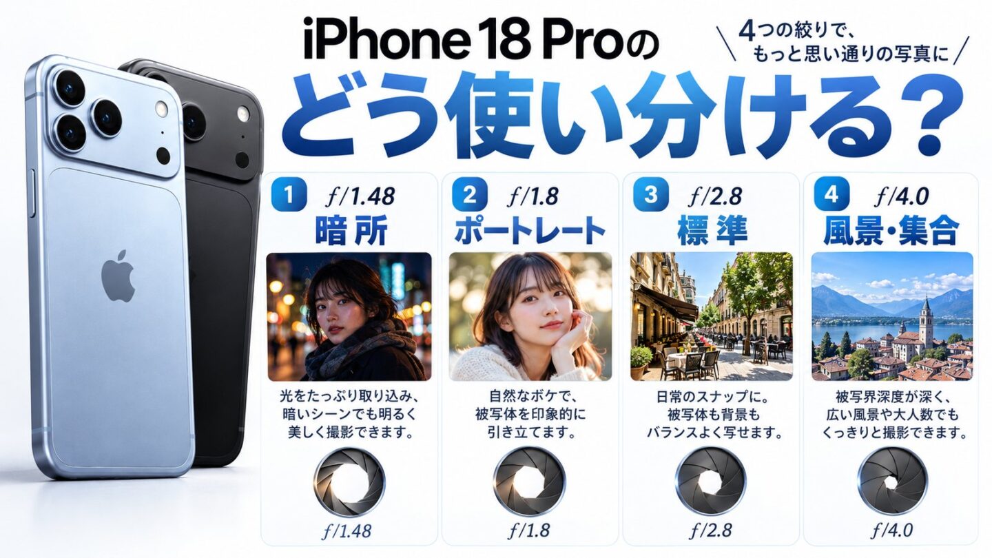 iPhone 18 Proのf1.48・f1.8・f2.8・f4.0を暗所・ポートレート・日常・風景で使い分ける目安