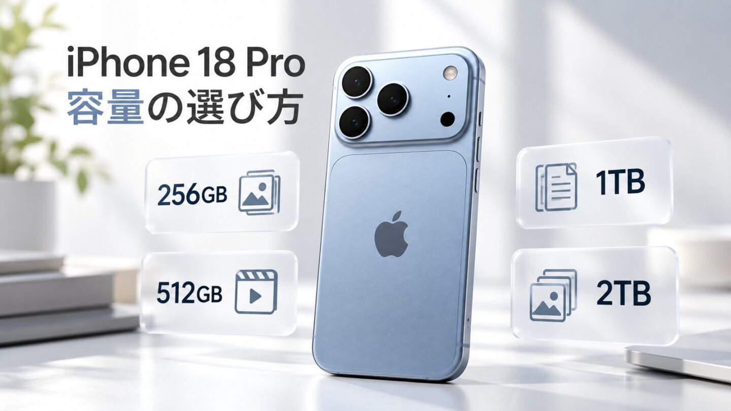 iPhone 18 Proの256GB・512GB・1TB・2TBの容量選びを解説するイメージ