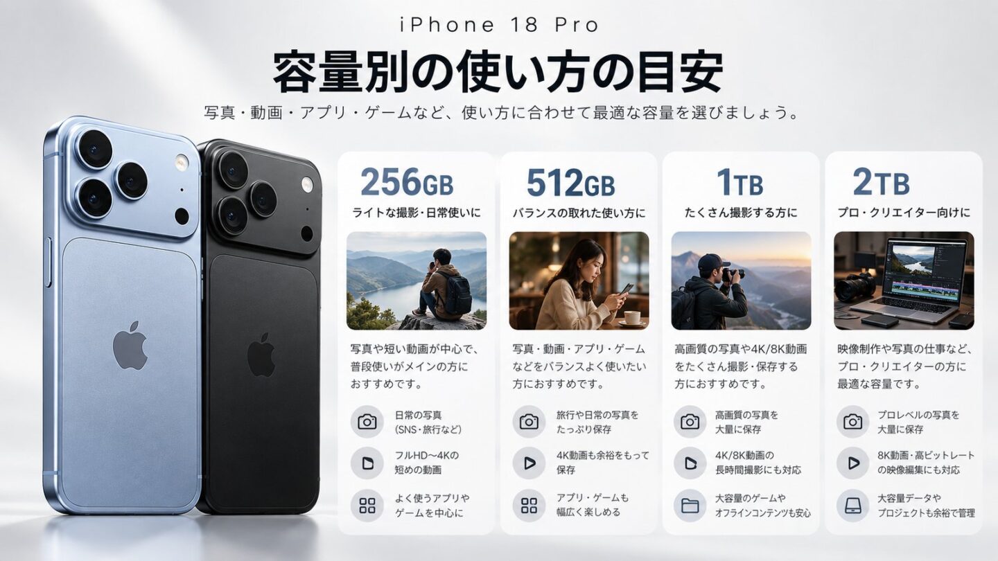 iPhone 18 Proの256GB・512GB・1TB・2TBごとの使い方の目安を比較した画像