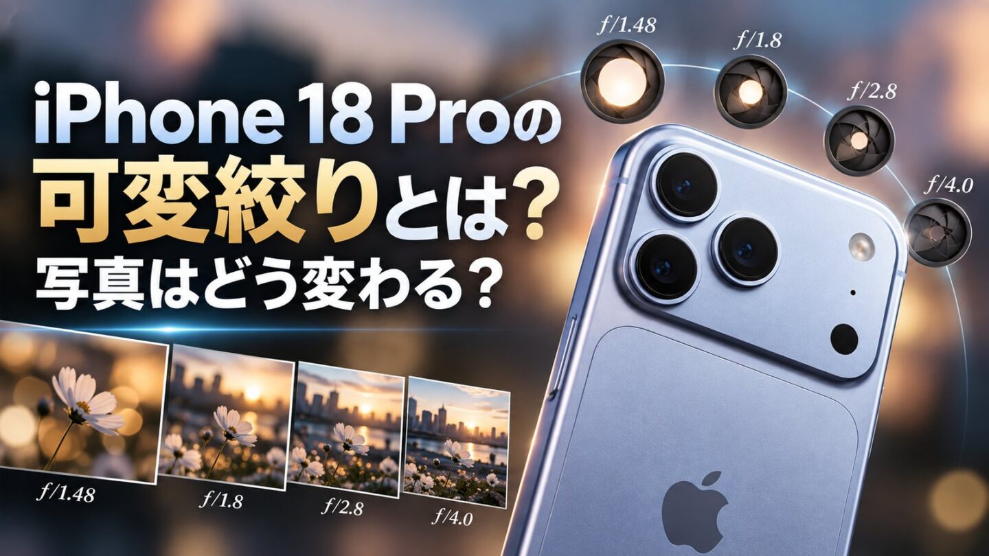 iPhone 18 Proの可変絞りで、ƒ/1.48・ƒ/1.8・ƒ/2.8・ƒ/4.0によって写真のボケや被写界深度がどう変わるかを示す記事用アイキャッチです。