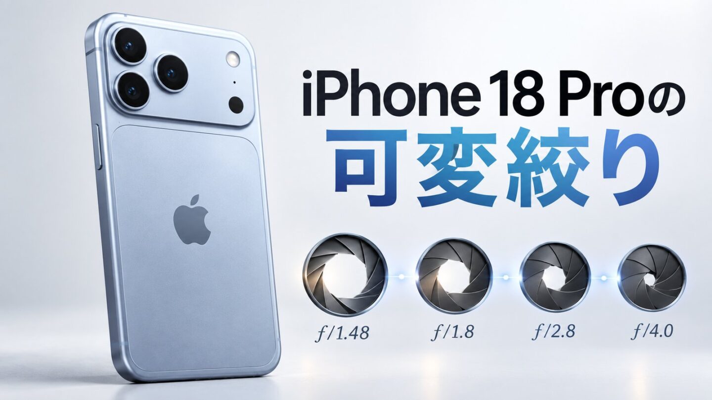 iPhone 18 Proの可変絞りとf1.48・f1.8・f2.8・f4.0の絞り値を示すイメージ