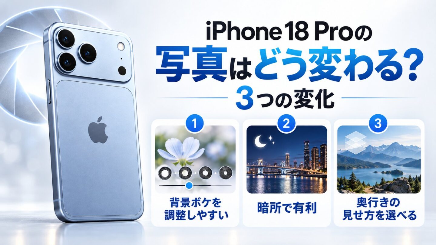 iPhone 18 Proの可変絞りで背景ボケ、暗所撮影、奥行き表現が変わることを示す図